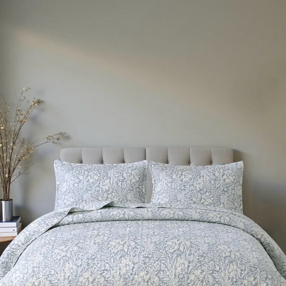 NEW West Elm Blue Botanical Boho Print Queen / King Bedding Quilt & Sham Set